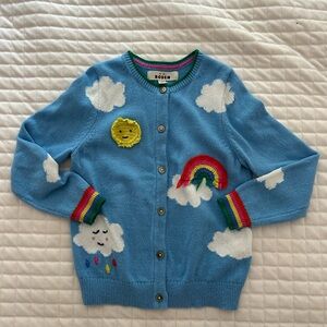 Mini Boden Blue Cardigan with Rainbow and Cloud Design
